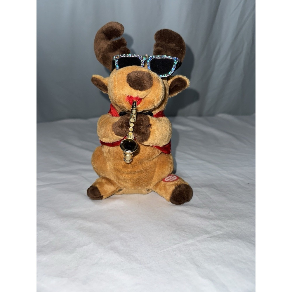 Vintage T.L. Toys Christmas Reindeer With Saxophone Glasses Plays Music Plush